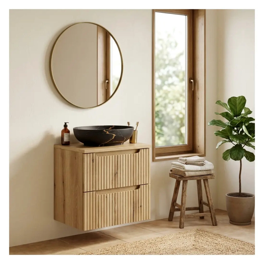 Set da bagno VANO in rovere chiaro 60cm: mobile sottolavabo con cassetti + top per lavabo + lavabo da appoggio nero marmoreo