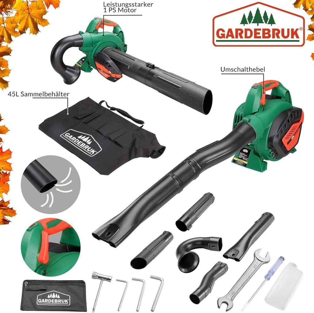 Monzana Soffiatore 3in1 a Benzina 7000 rpm Sacco 45L Attrezzi Aspiratore Trituratore Aspirafoglie Verde