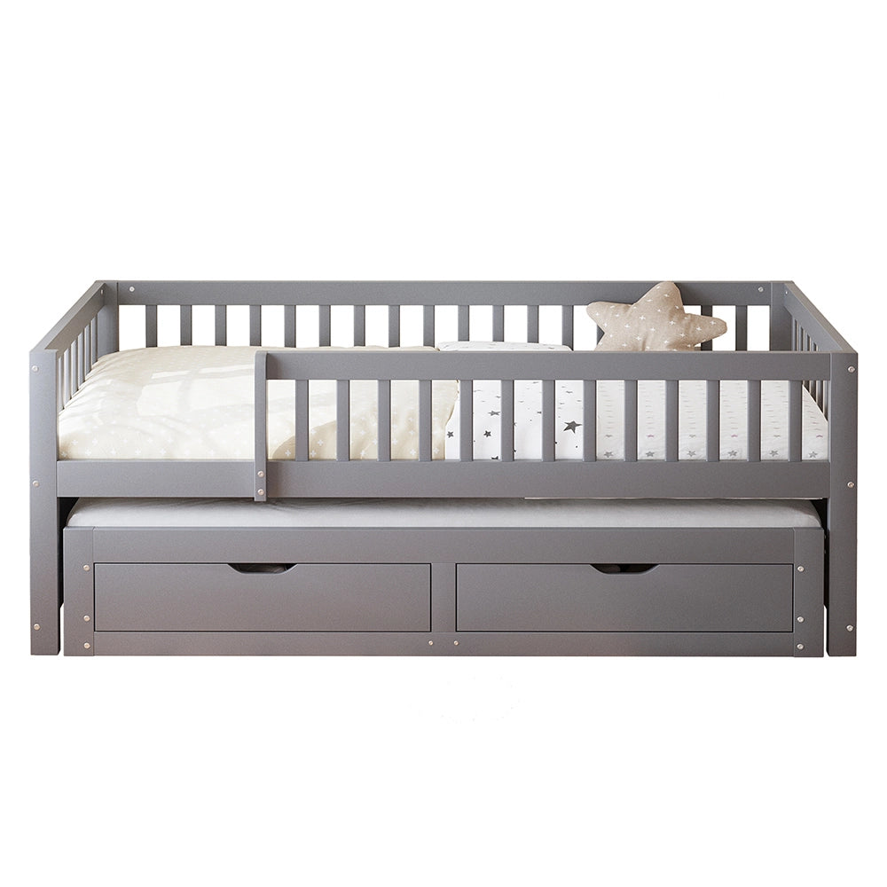 Divano letto-Xylo-90x200 cm-barriera, 2 cassetti, pino grigio