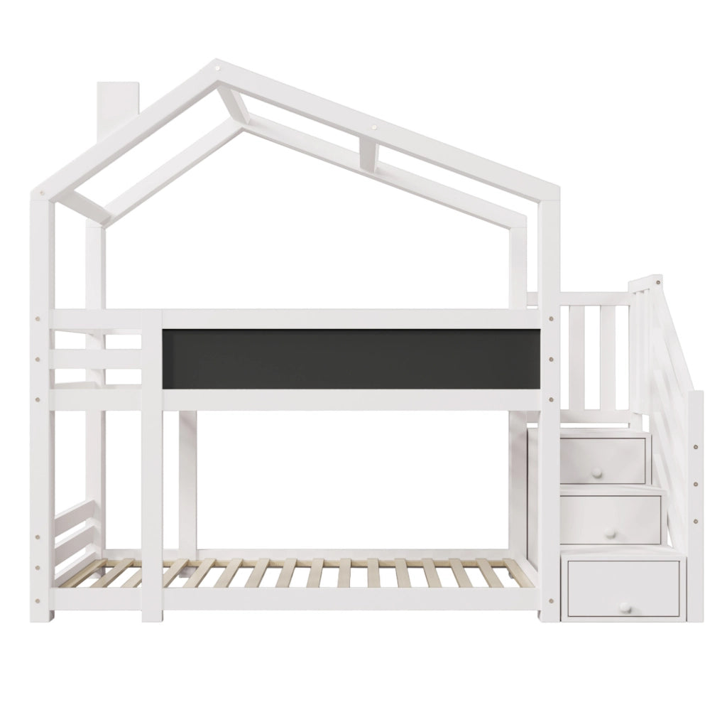 Letto a castello a forma di casa ULEVR 90x200 cm bianco con scala contenitore e lavagna