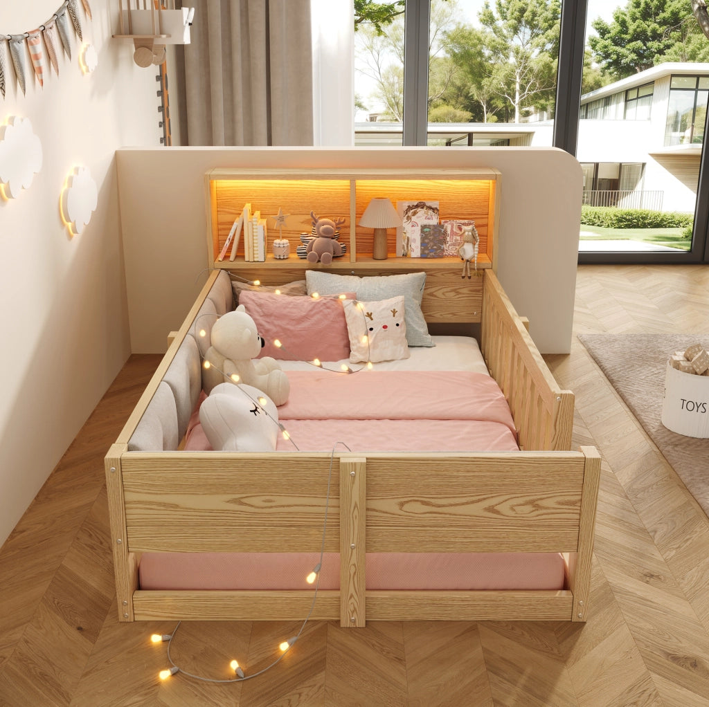 Letto per bambini 90x200 cm con sponde, LED e testiera contenitore naturale