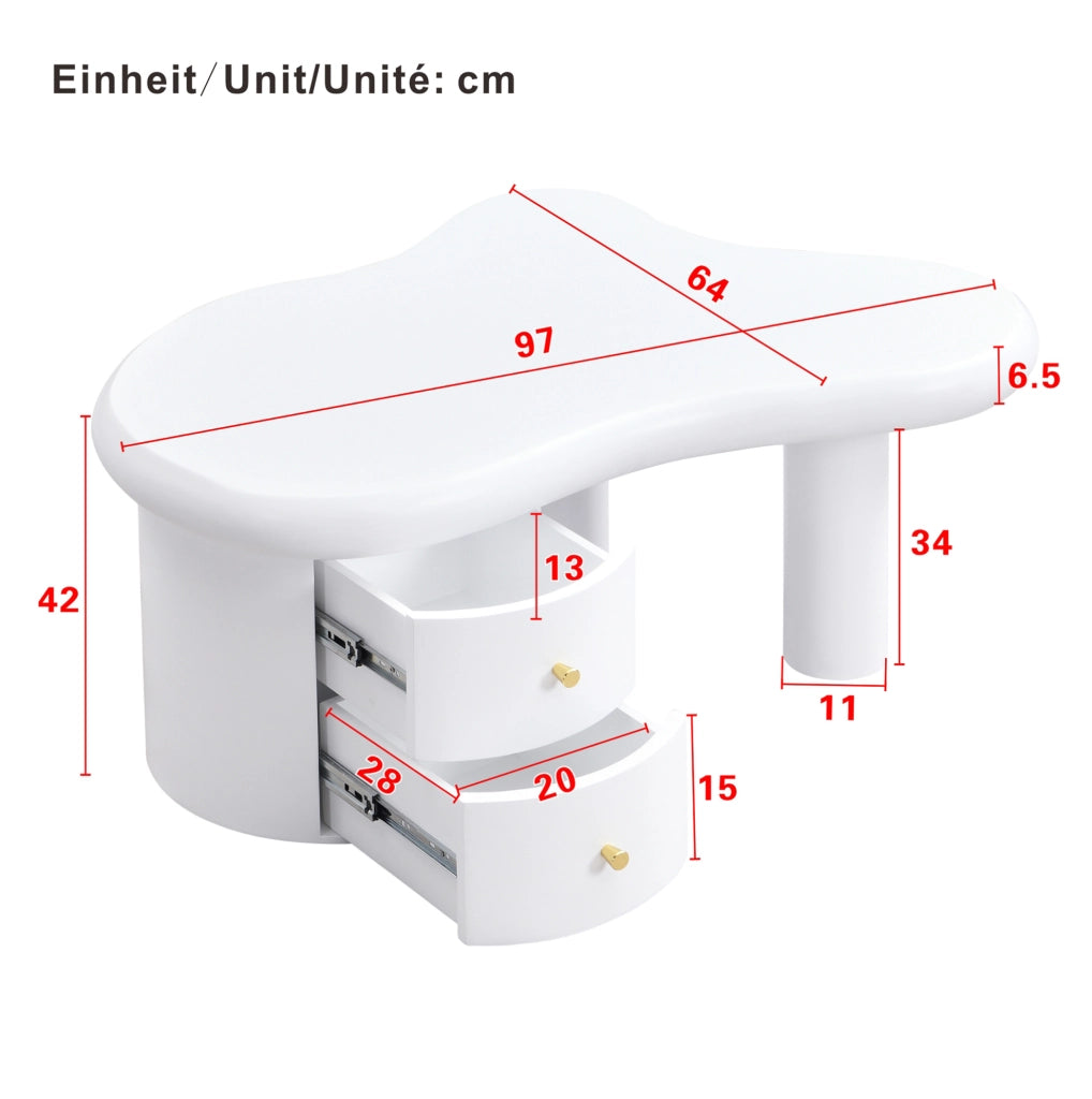 Tavolino da salotto moderno bianco in MDF 97 x 64 x 42 cm con 2 cassetti e angoli arrotondati
