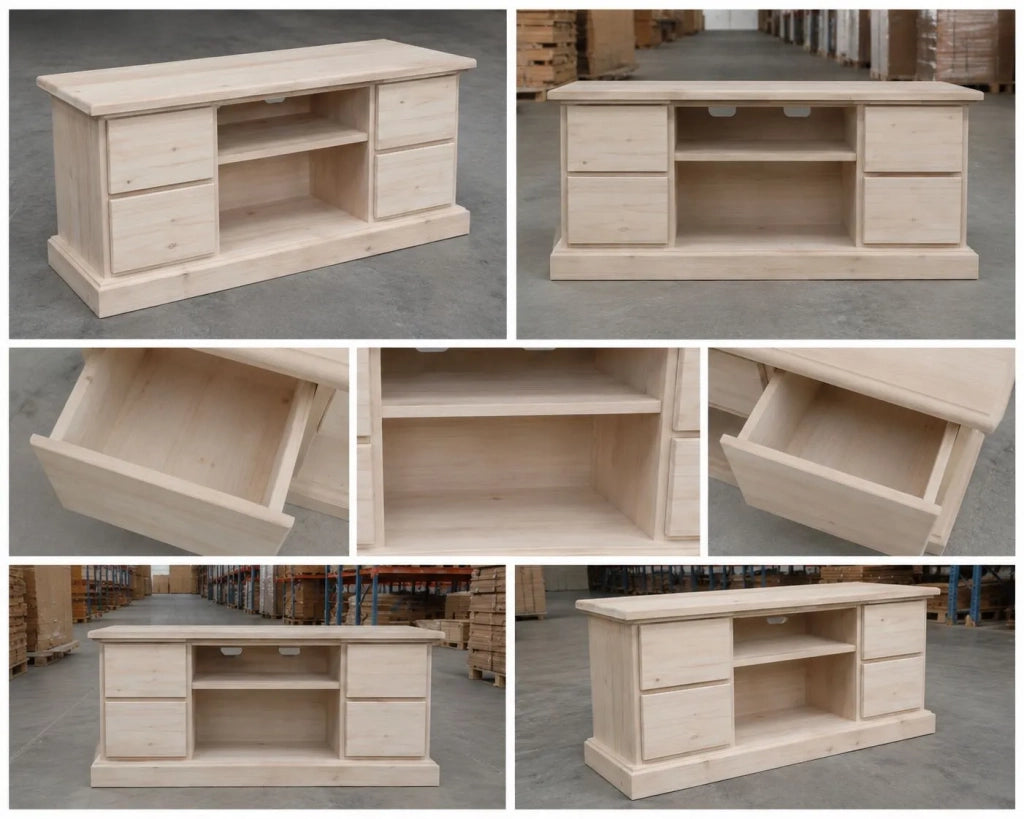Porta tv 4 cassetti arte povera in legno grezzo  l.120 p.53 h.53 (982) - Mobili 2G