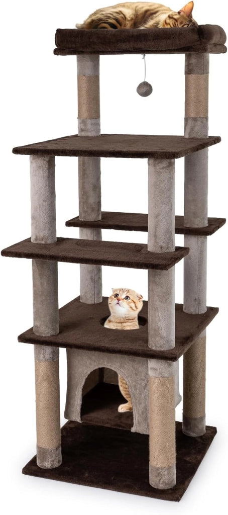 Albero per Gatti Alto 148 cm, Tiragraffi per Gatti con Condo Aereo Oscillante, Cuccia Morbida, Tiragraffi, Foro e Pompon e Piattaforme, Mobile da Arrampicata Interna