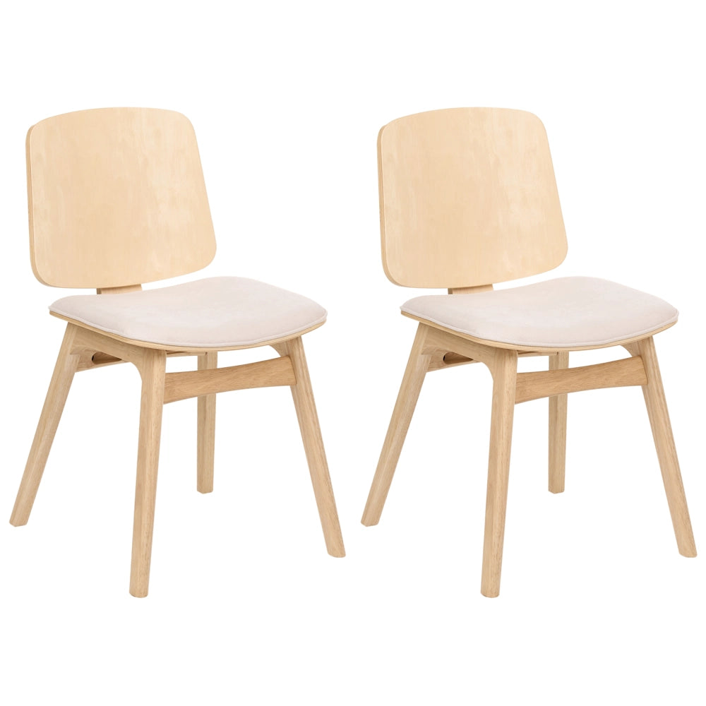 Set di 2 sedie da pranzo in tessuto beige chiaro senza braccioli in stile scandinavo con struttura in legno di gomma marrone chiaro