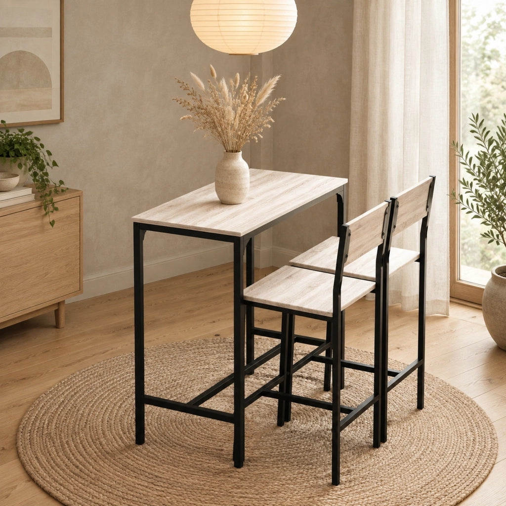 Set tavolo bar con 2 sgabelli in MDF naturale
