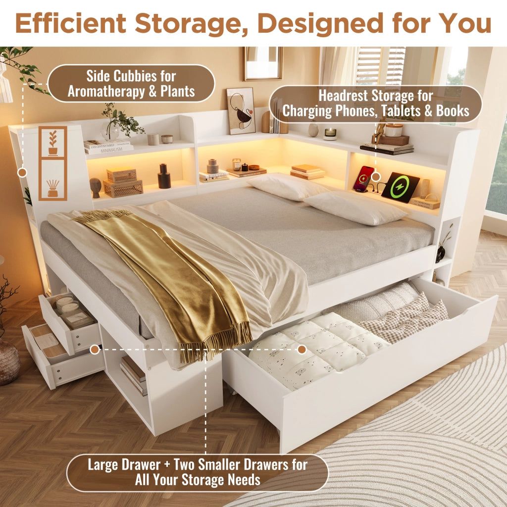 Letto divano 140 × 200 cm con LED, USB e Type-C, contenitore con cassetti, materasso incluso, bianco