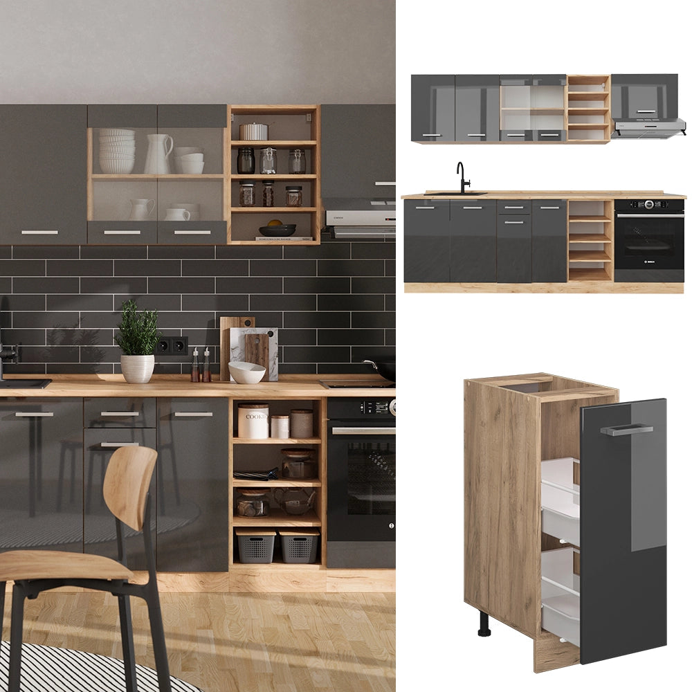 Cucina componibile R-Line Antracite lucido/Rovere dorato 240 cm, PL Rovere Vicco