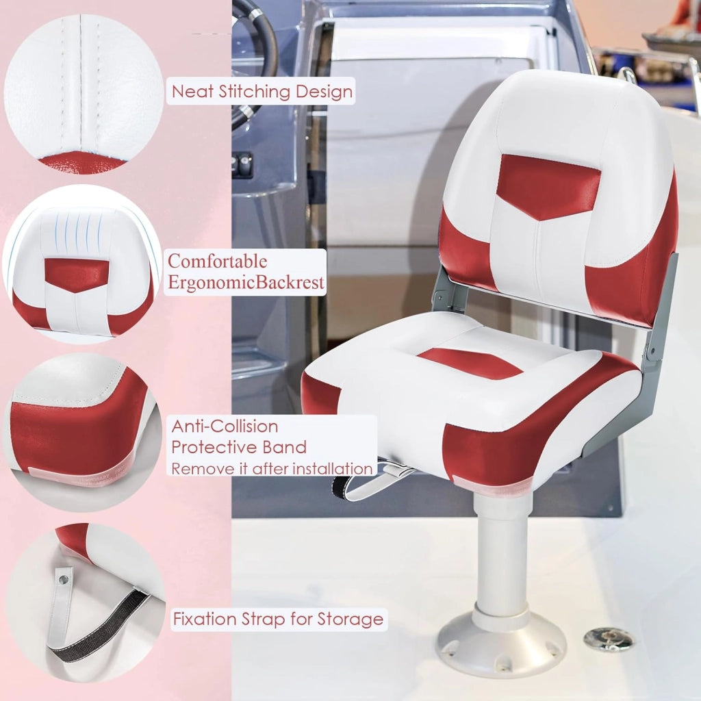 Sedile Barca con Schienale Pieghevole, Sedia da Barca Ergonomica in PVC e PP, Portata Fino a 110 kg, 50x52x42 cm (Rosso)