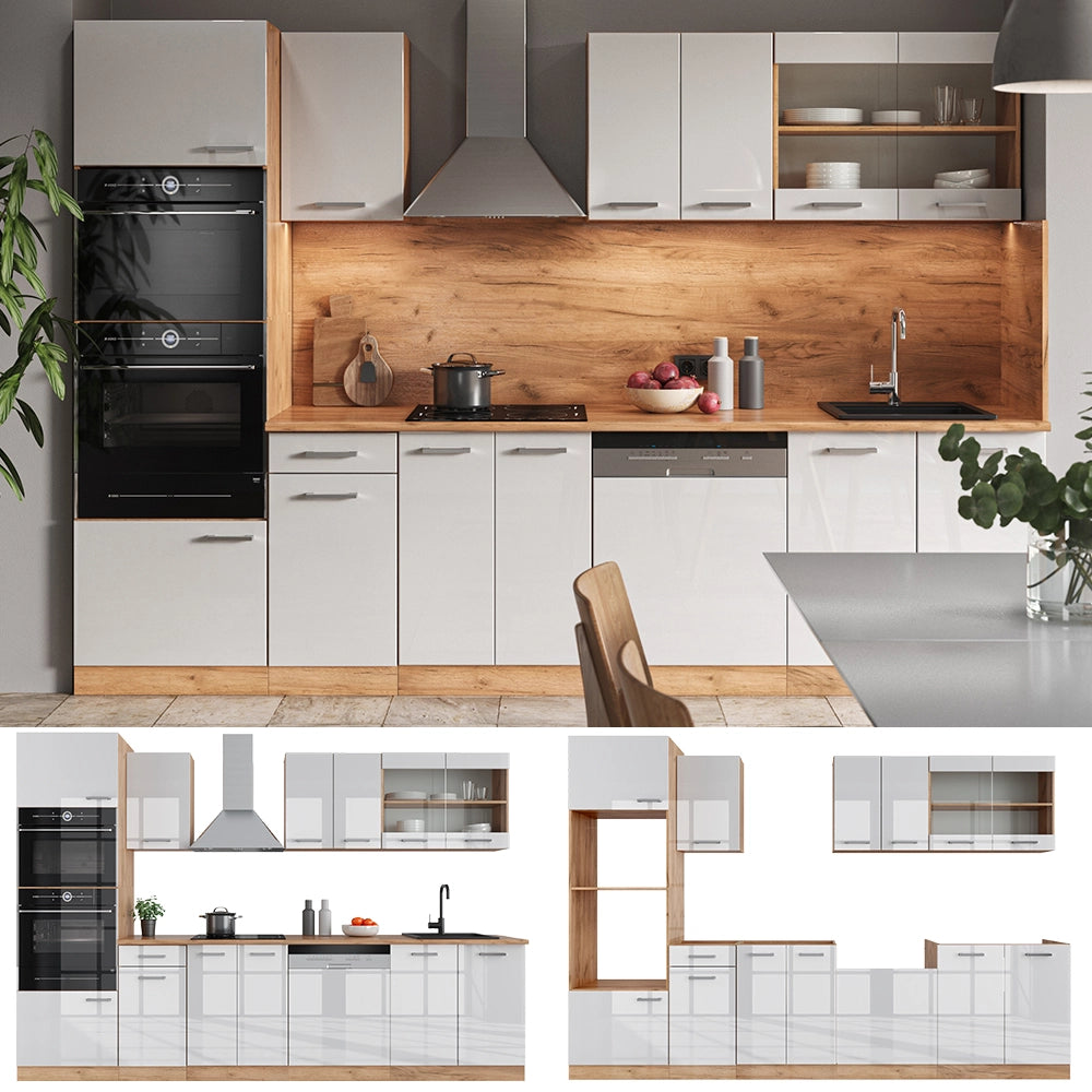 Vicco Cucina componibile Bianco lucido/oro power oak 300 cm con armadio alto, PL Marmo