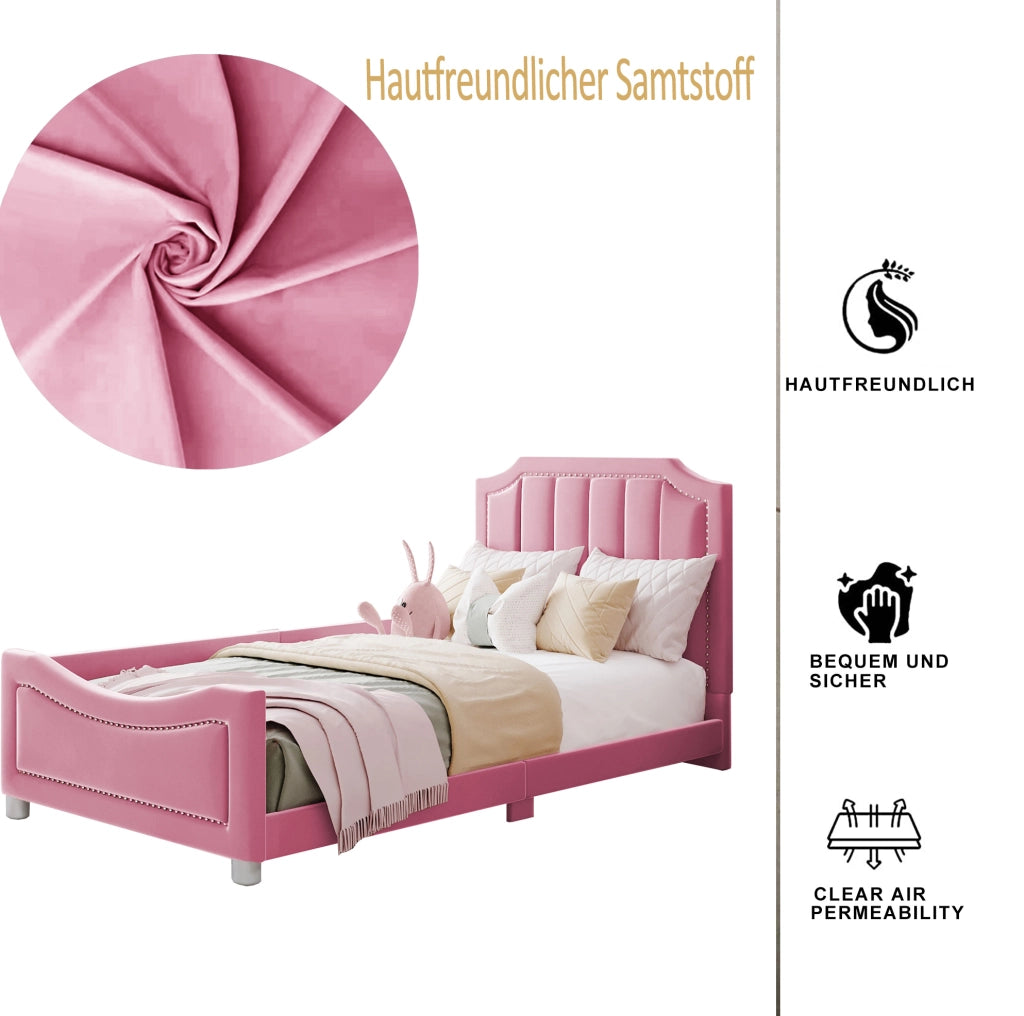 Letto imbottito per bambini 90 x 200 cm in flanella rosa con rete a doghe