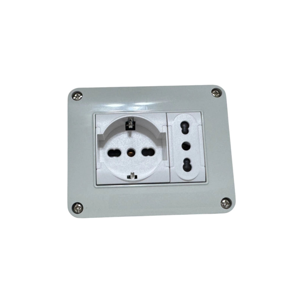 Cassetta elettrica pronta all'uso per interni IP40 presa 1 Schuko + 1 Bipasso