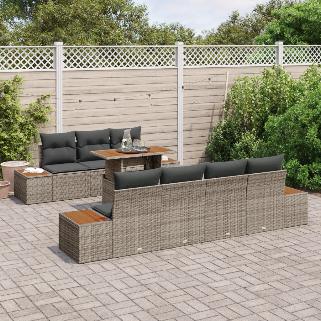 Set da Pranzo da Giardino in 8 Pezzi con Cuscini Grigio Poly Rattan Acacia