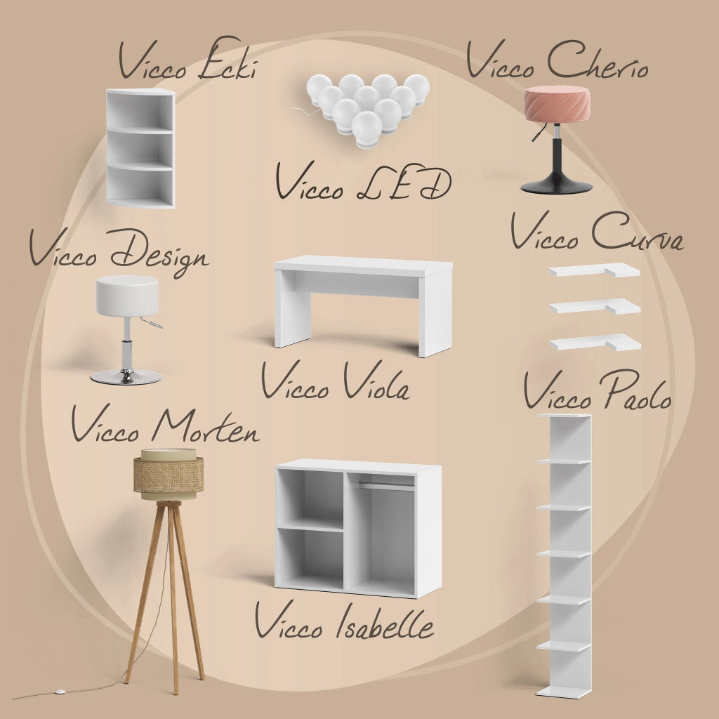 Vicco Tavolo da toeletta Bianco 105 cm con specchio LED e sgabello