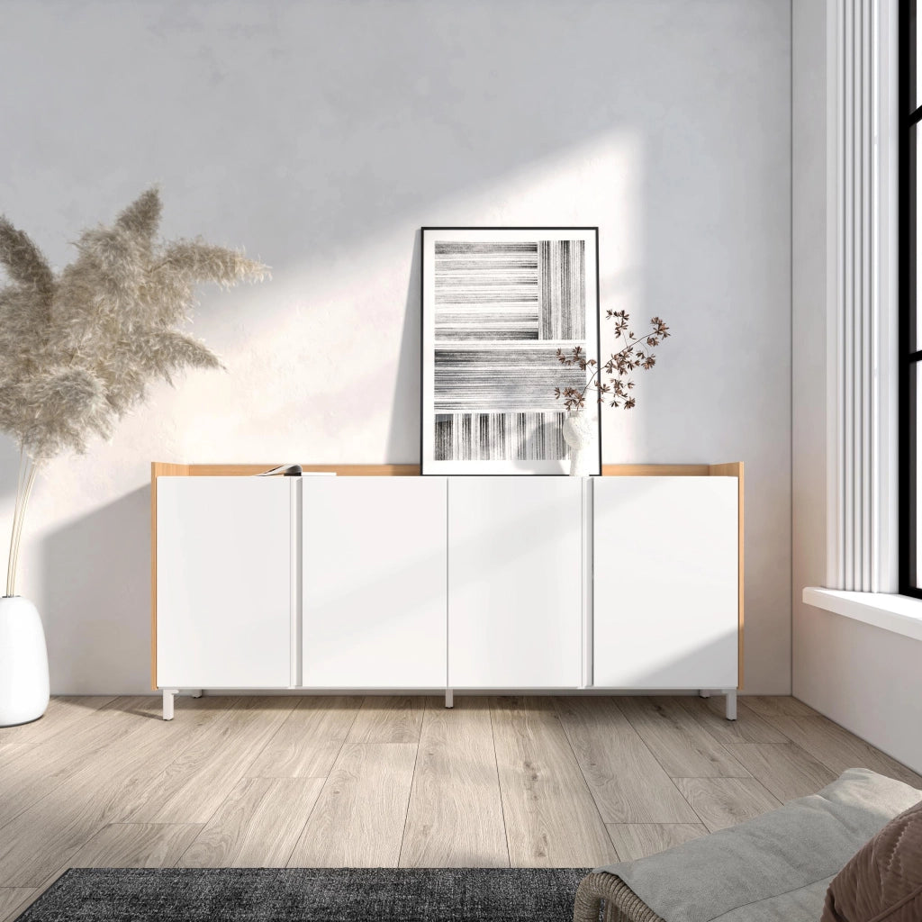 Credenza, Mobile, Cucina, 207x91x35 cm, 4 Porte, Design industriale, Bianco e Rovere soft