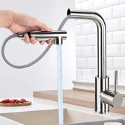 Mangiatutto da cucina 360° rotativo, rotativo, due funzioni di spruzzo, regolazione acqua calda e fredda, acciaio inox liscio (forma a L argento)