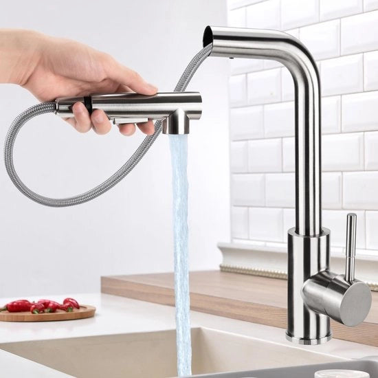 Mangiatutto da cucina 360° rotativo, rotativo, due funzioni di spruzzo, regolazione acqua calda e fredda, acciaio inox liscio (forma a L argento)