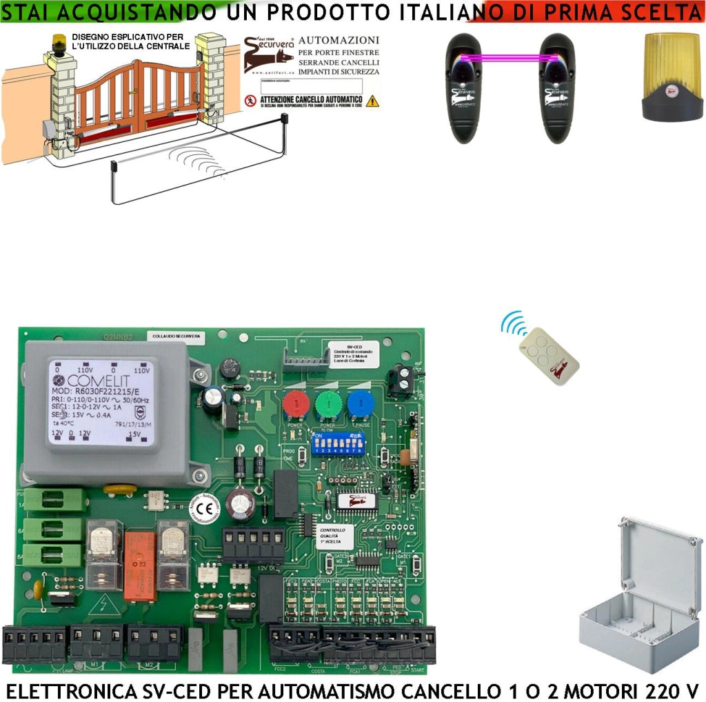CENTRALE CANCELLO 2 ANTE BATTENTI 220 V 1 RADIOCOMANDO FOTOCELLULA TEMPI FORZA E FUNZIONE REGOLABILI FINE CORSA COMPATIBILE FAC BTF KEY VDS