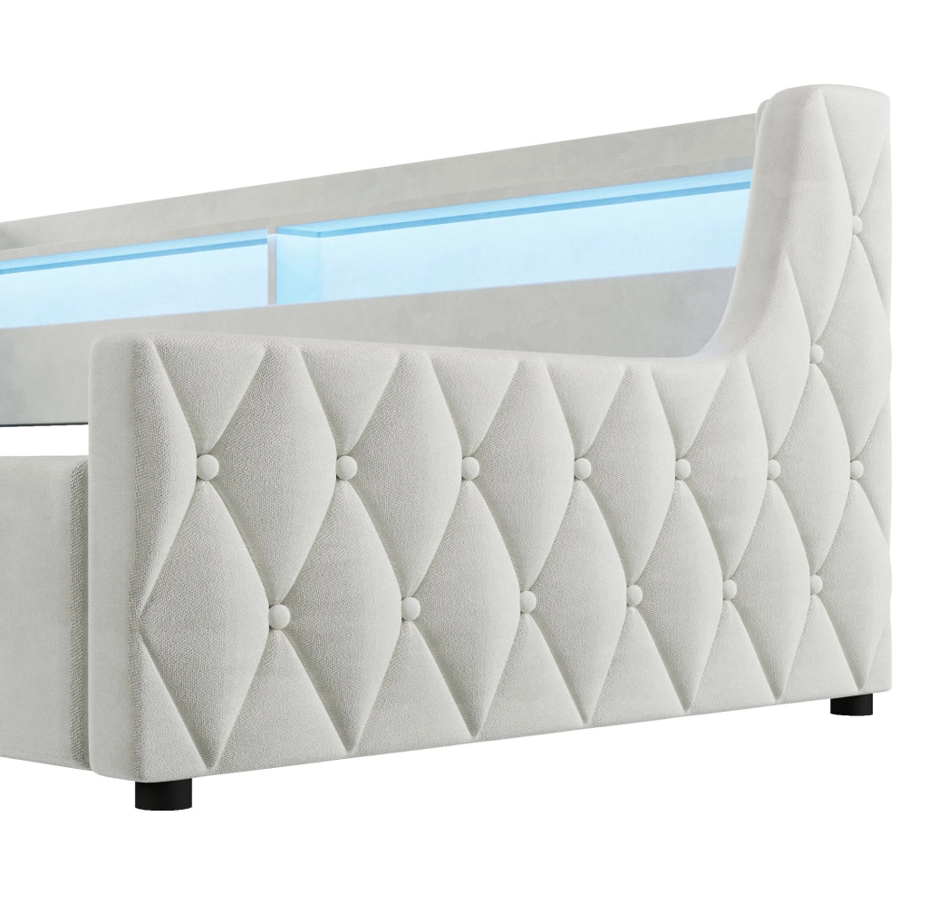Letto imbottito 90x200 cm con contenitore idraulico e LED in flanella bianco sporco