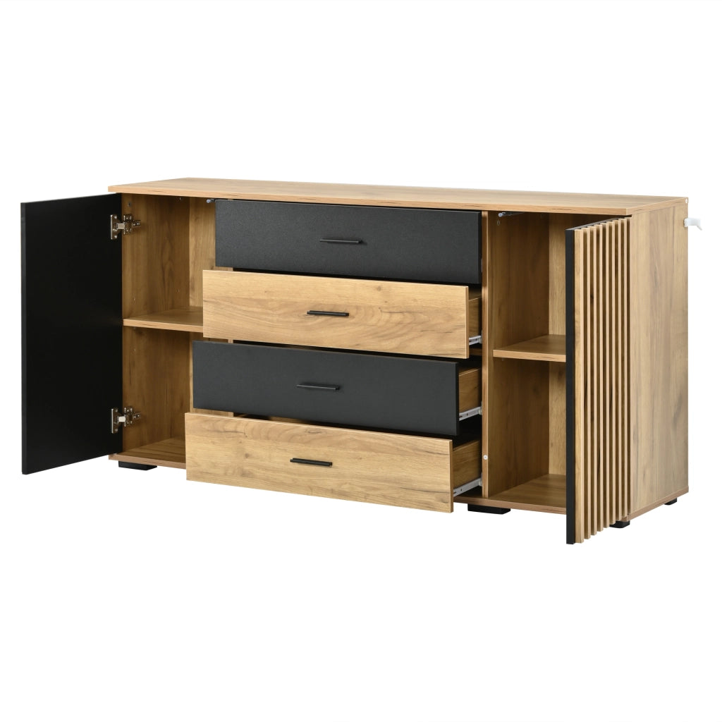 Sideboard 140×35×70 cm in MDF con 4 cassetti e 2 ante, mobile contenitore in effetto rovere nero