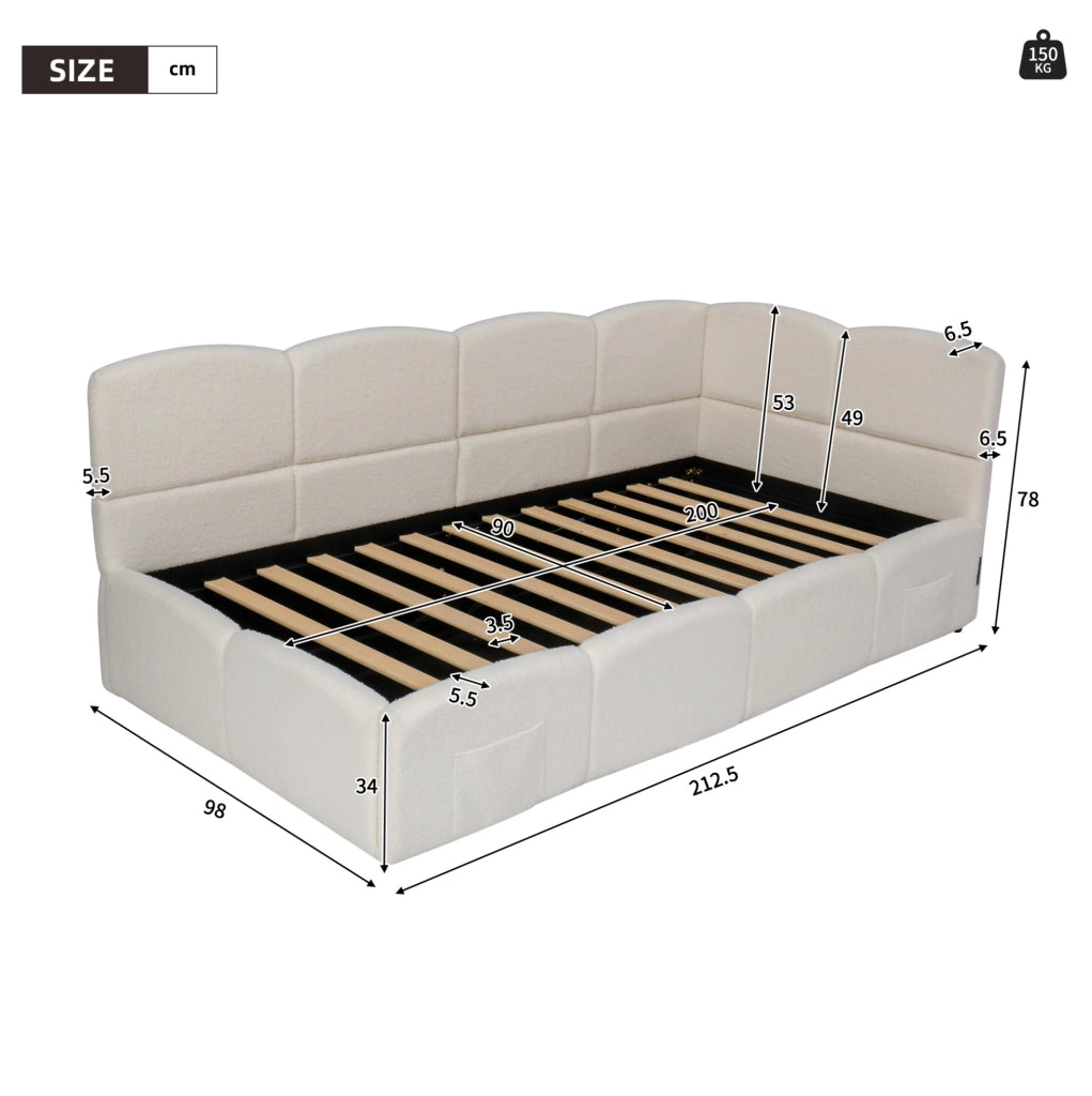 Letto singolo contenitore 90x200 cm in bouclé beige con USB