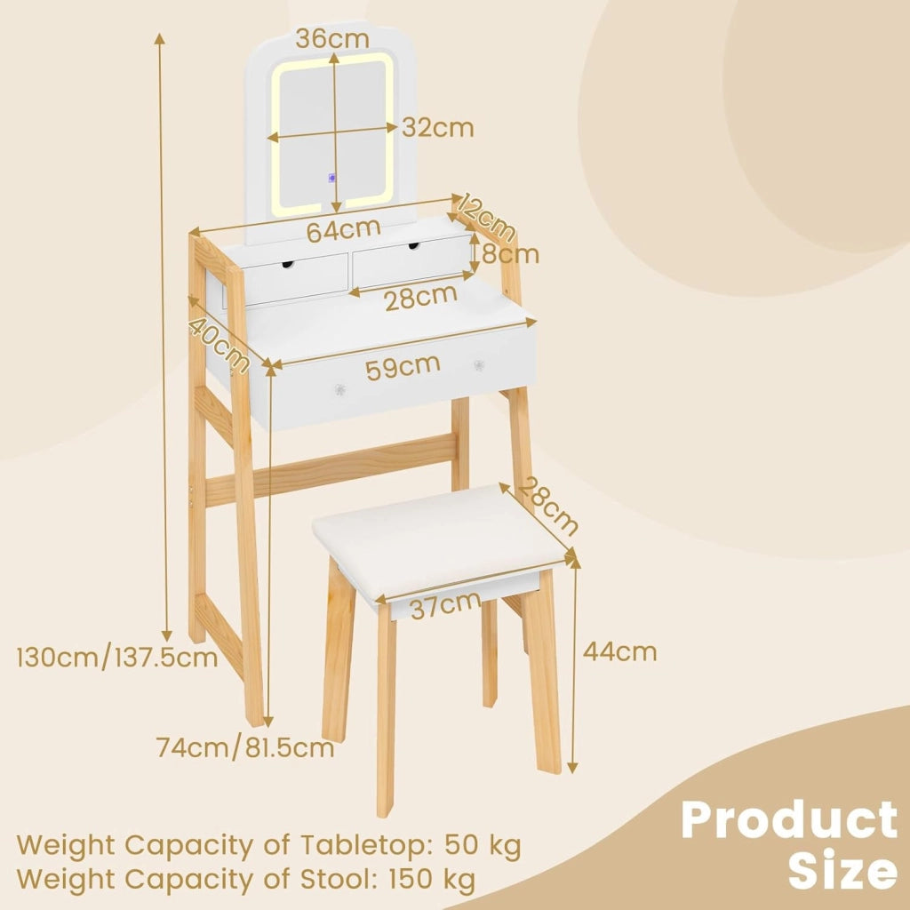 Set da toeletta compatto con sgabello imbottito, specchio illuminato in 3 colori e 3 cassetti, tavolo da trucco con altezza regolabile, 64 x 40 x 130 cm, bianco