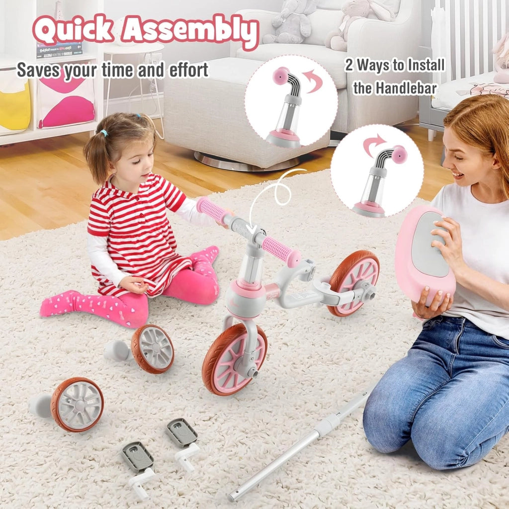 4 in 1 Triciclo Evolutivo per Bambini, Bicicletta Bambini con Manico a Spinta Regolabile in 4 Posizioni, Sellino in 2 Posizioni, Pedali Rimovibili, per Bambini e Bambine da 1 Anno + (Rosa)