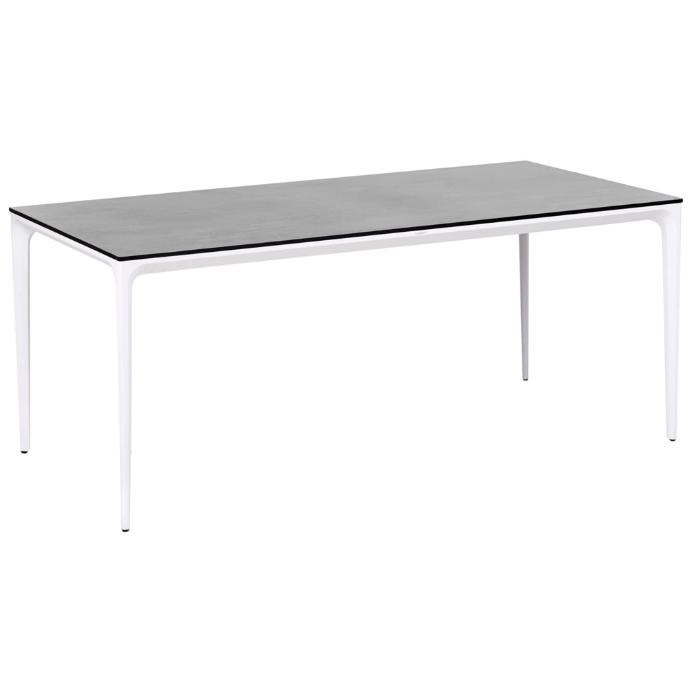 Tavolo da pranzo da giardino Piano in HPL grigio scuro Telaio in alluminio bianco Resistente ai raggi UV all'acqua e alla ruggine Stile moderno del patio esterno