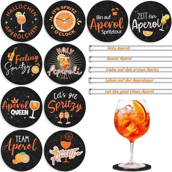 15 pezzi di sottopiatto in velluto e vetro per Aperol Spritz, regalo, sottopiatto in vetro riciclabile con canne di bambù rotonde, decorazione per Aperol per appassionati di Aperol, decorazione da tavola estiva (nero)