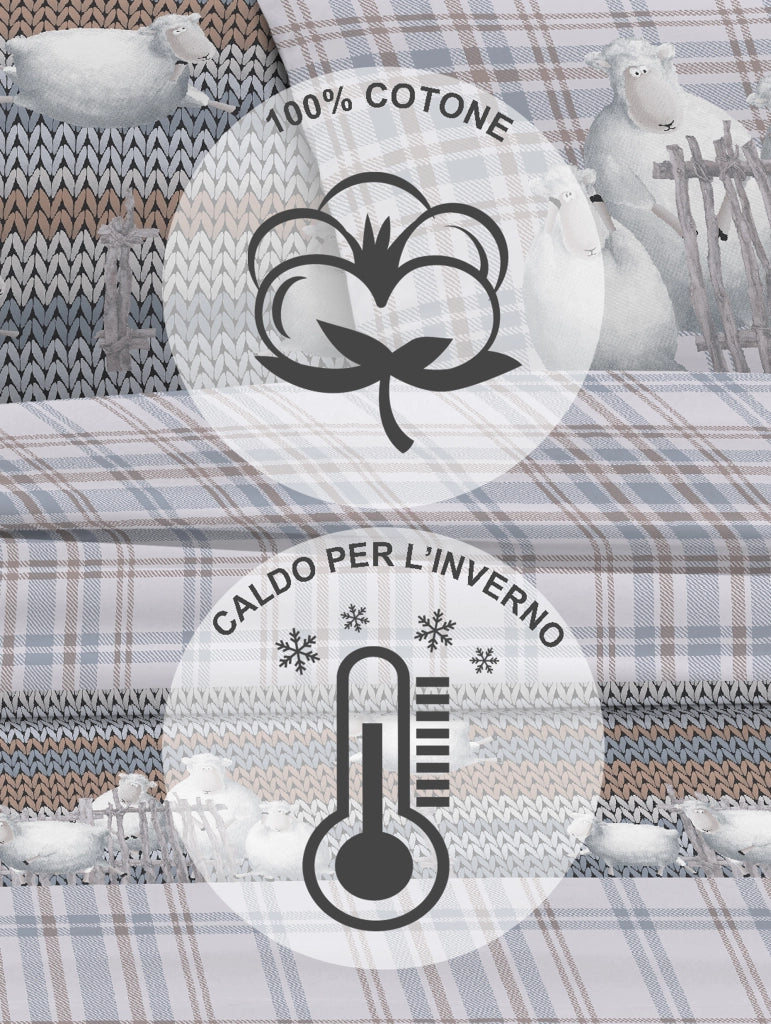 Completo Letto in Flanella Calda e Morbida Anti Pilling - Set Flanellato 3 Misure parure con Federe - Pecorelle grigio - 2 Piazze