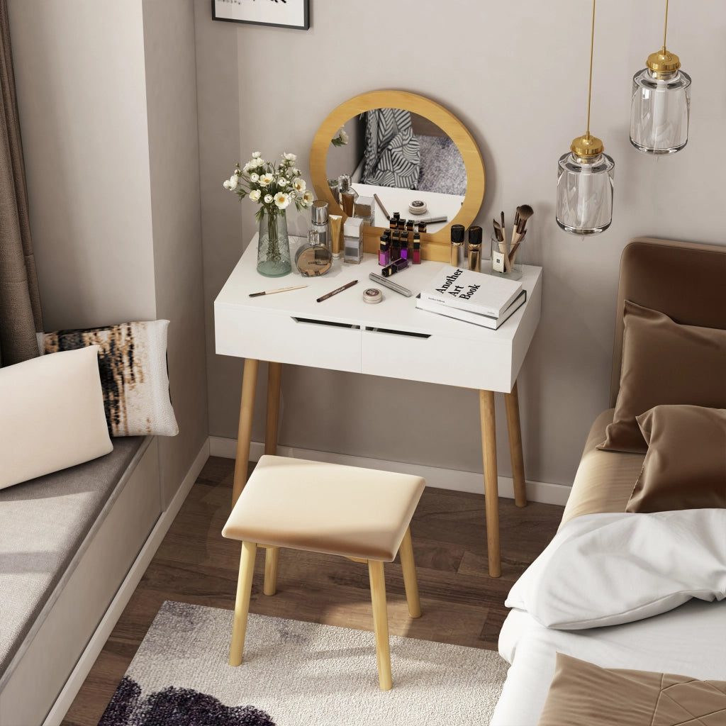 Tavolo Trucco con Specchio e 2 Cassetti ¨C Minimal ¨C Bianco Legno di Pino