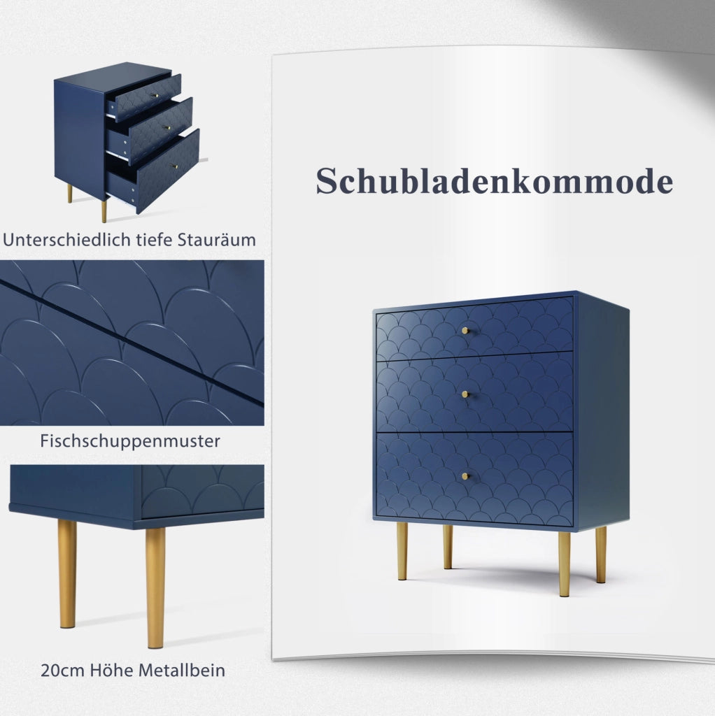 Cassettiera a 3 cassetti in legno e metallo; blu navy; 75 x 40 x 89 cm