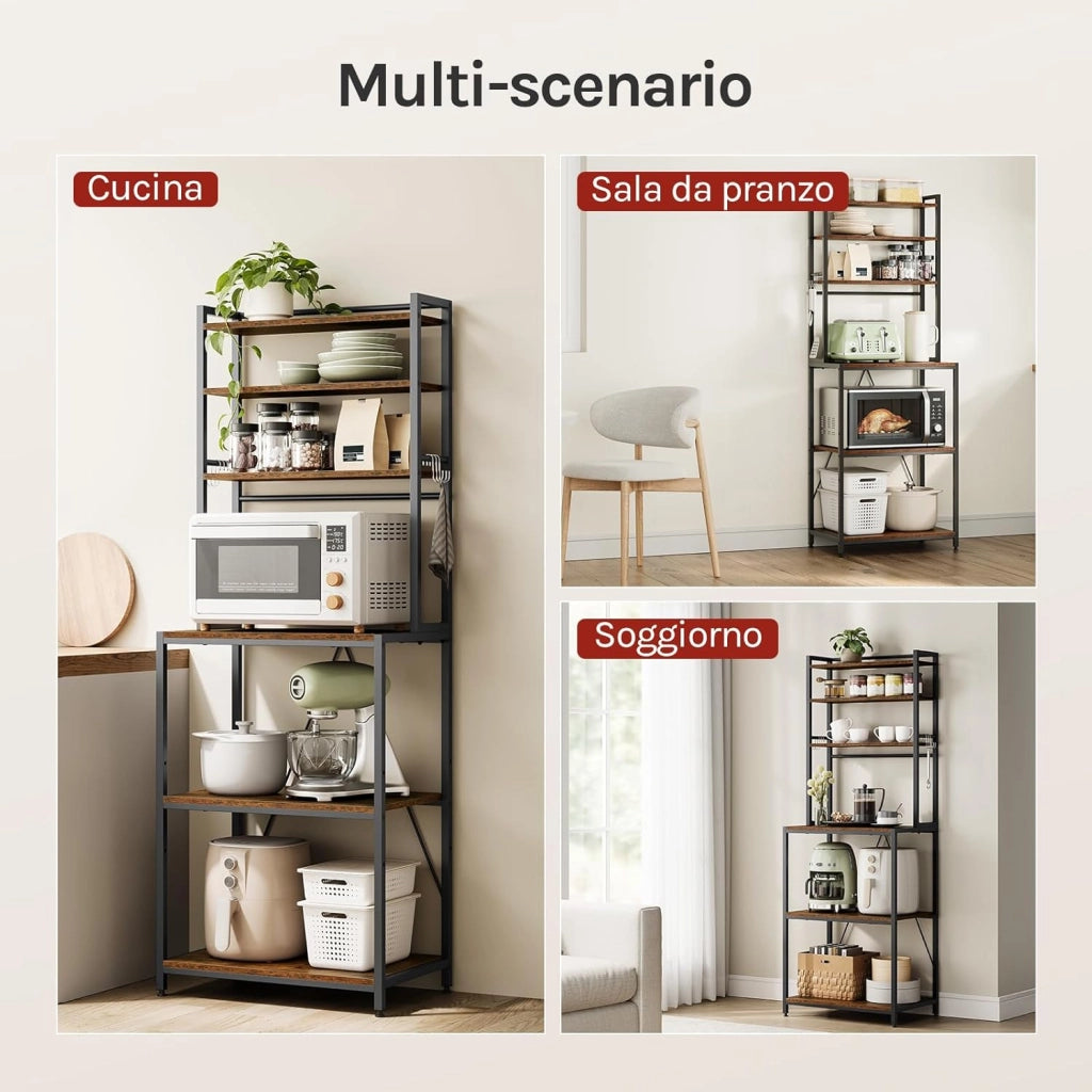 Scaffale da Cucina con 6 Ripiani, Scaffale per Microonde con 6 Ganci, Struttura in Metallo, Legno Ingegnerizzato, 60x40x167cm, Marrone Rustico+Nero