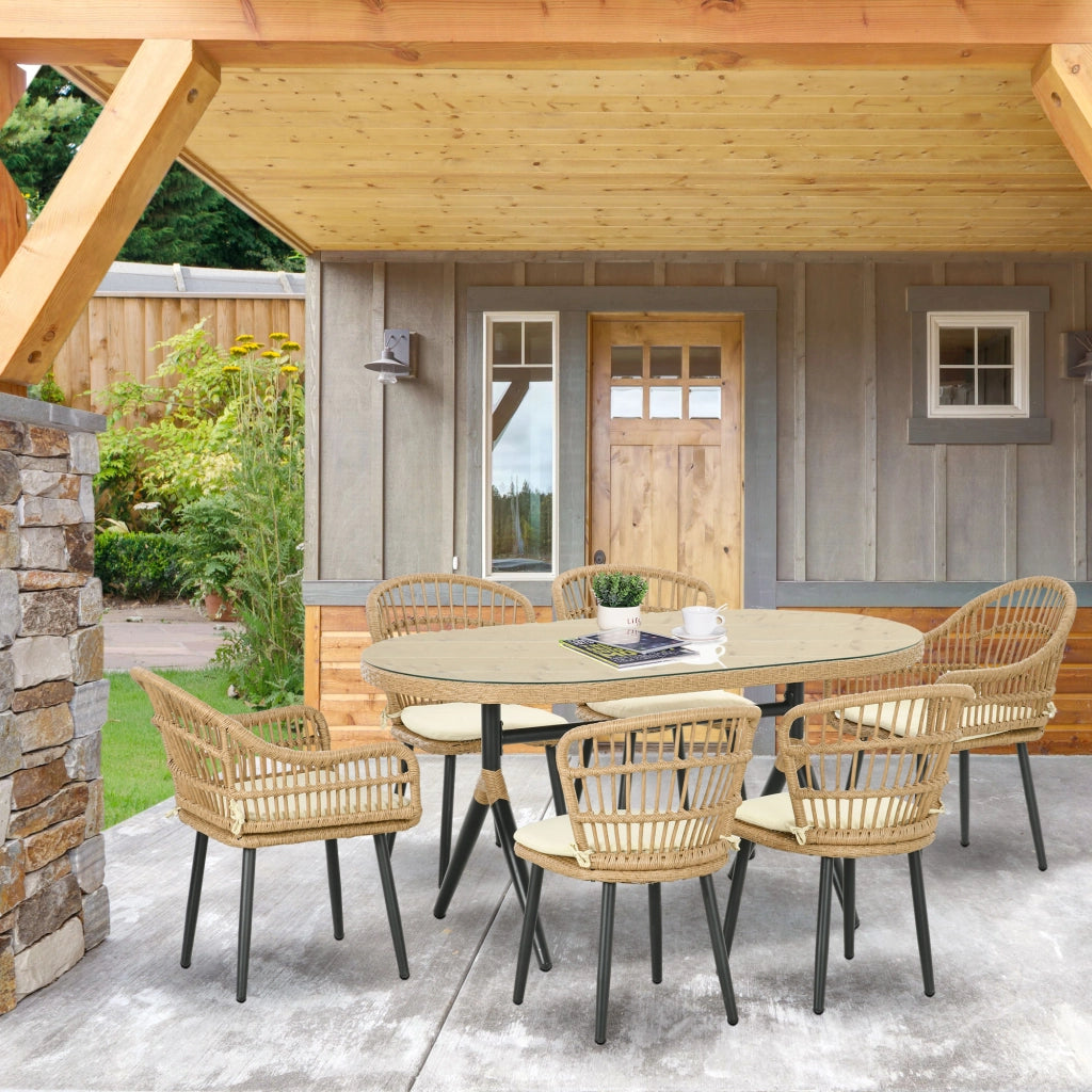 Set da Giardino 7 Pezzi in Rattan PE con Tavolo da Pranzo 153x89x74 cm e 6 Sedie 52x62x78 cm con Cuscini