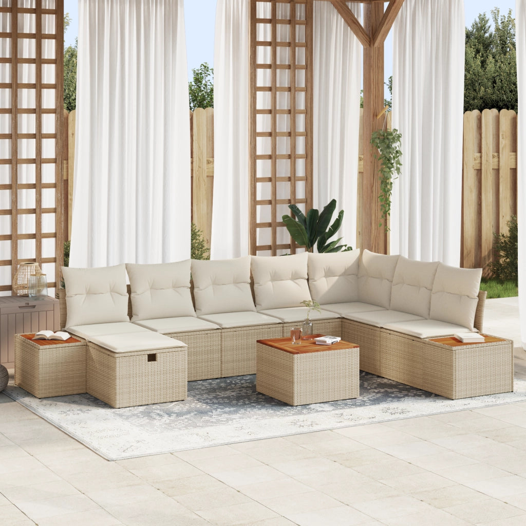 Set Divano da Giardino da 9 Pezzi con Cuscini Beige Rattan Polietilene