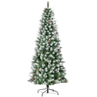 Albero di Natale Innevato da 180 cm con 630 Rami e 37 Pigne, in Plastica e Metallo, Verde e Bianco