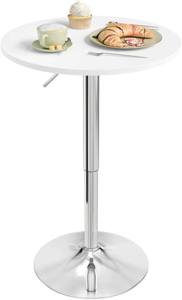 Tavolino da Bar, Girevole Piano Rotondo, Diametri 60 cm, Tavolo da Cucina, Base in Acciaio e Piano in MDF, per Soggiorno, Bianco