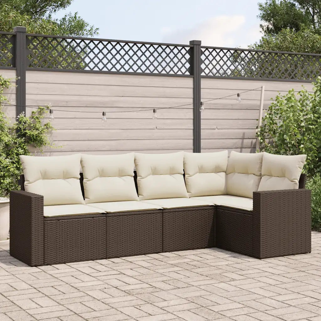 Set Divano da Giardino 5 pz con Cuscini-Sofa da Giardino-Divanetto da esterno Marrone in Polyrattan 394953