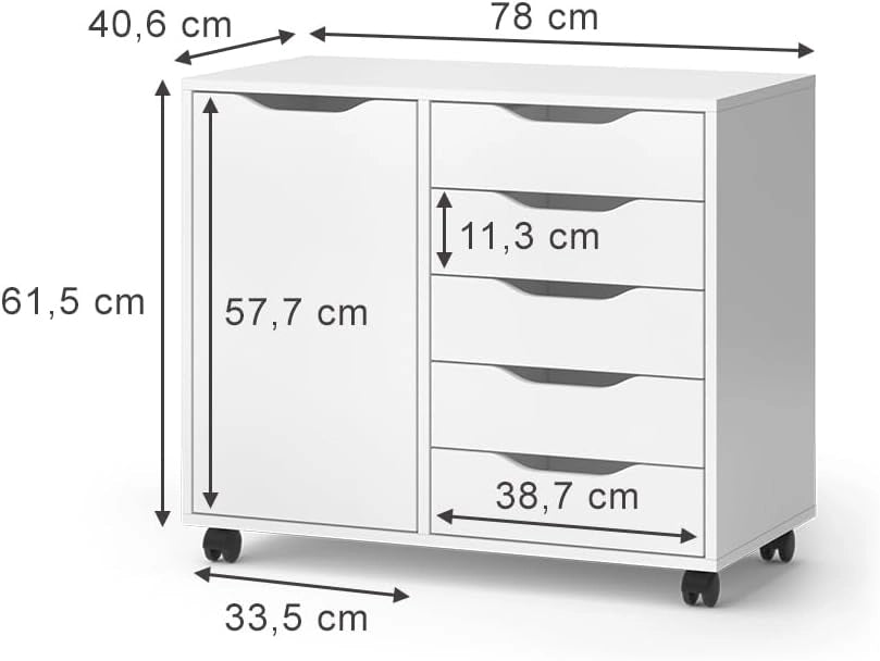 Credenza Otwin, Bianco, 40.6 x 61.5 cm con 5 cassetti e 1 anta, per la conservazione di abbigliamento e oggetti per la casa