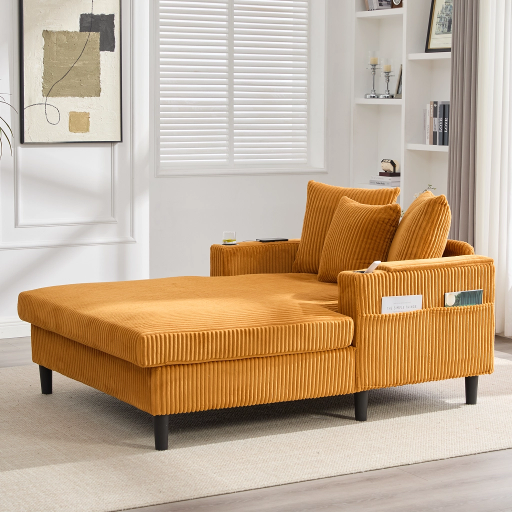 Chaiselongue in velluto a coste con portabicchieri, luce LED, vano portaoggetti e porta USB, giallo senape