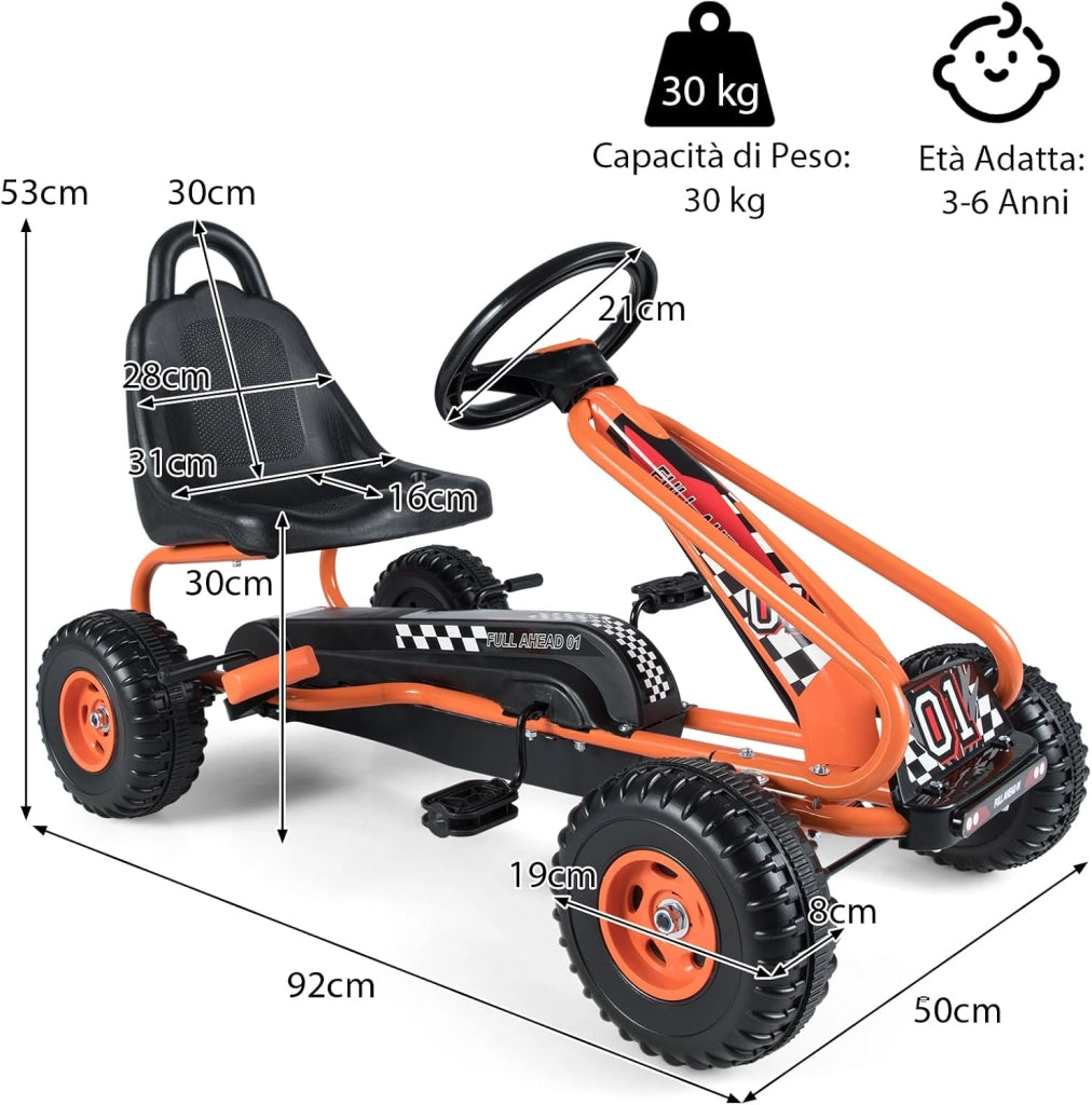 Go Kart a Pedali per Bambini, Go Kart Veicolo con Sedile Regolabile e Freno a Mano, per Bambini 3-6 Anni, Portata Massima 30 kg (Arancia)