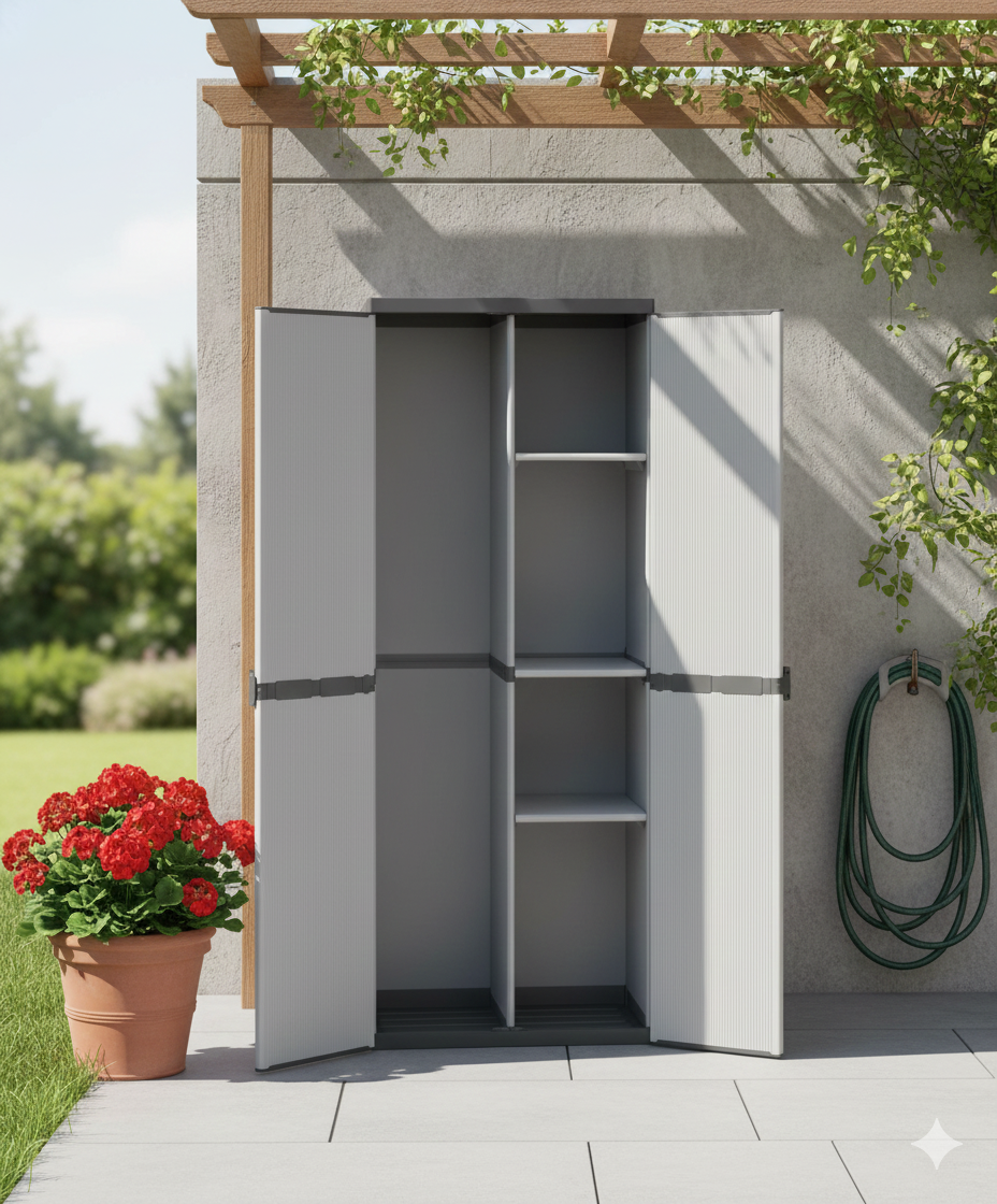 Armadio Portascope da Esterno 68x40x165 cm 2 Ante 4 Ripiani in Resina Grigio