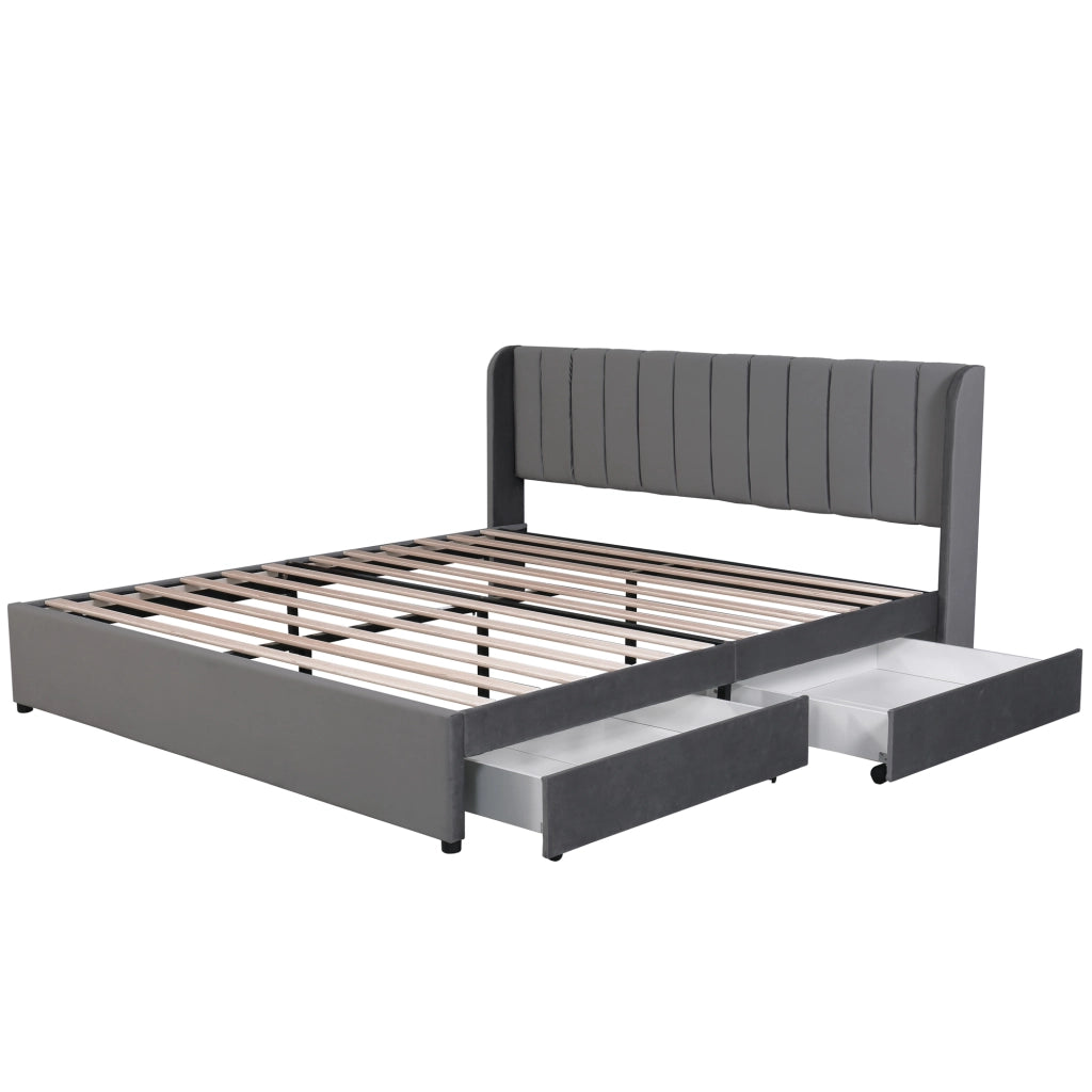 Letto imbottito in velluto grigio 180x200 cm con rete a doghe e 2 cassetti