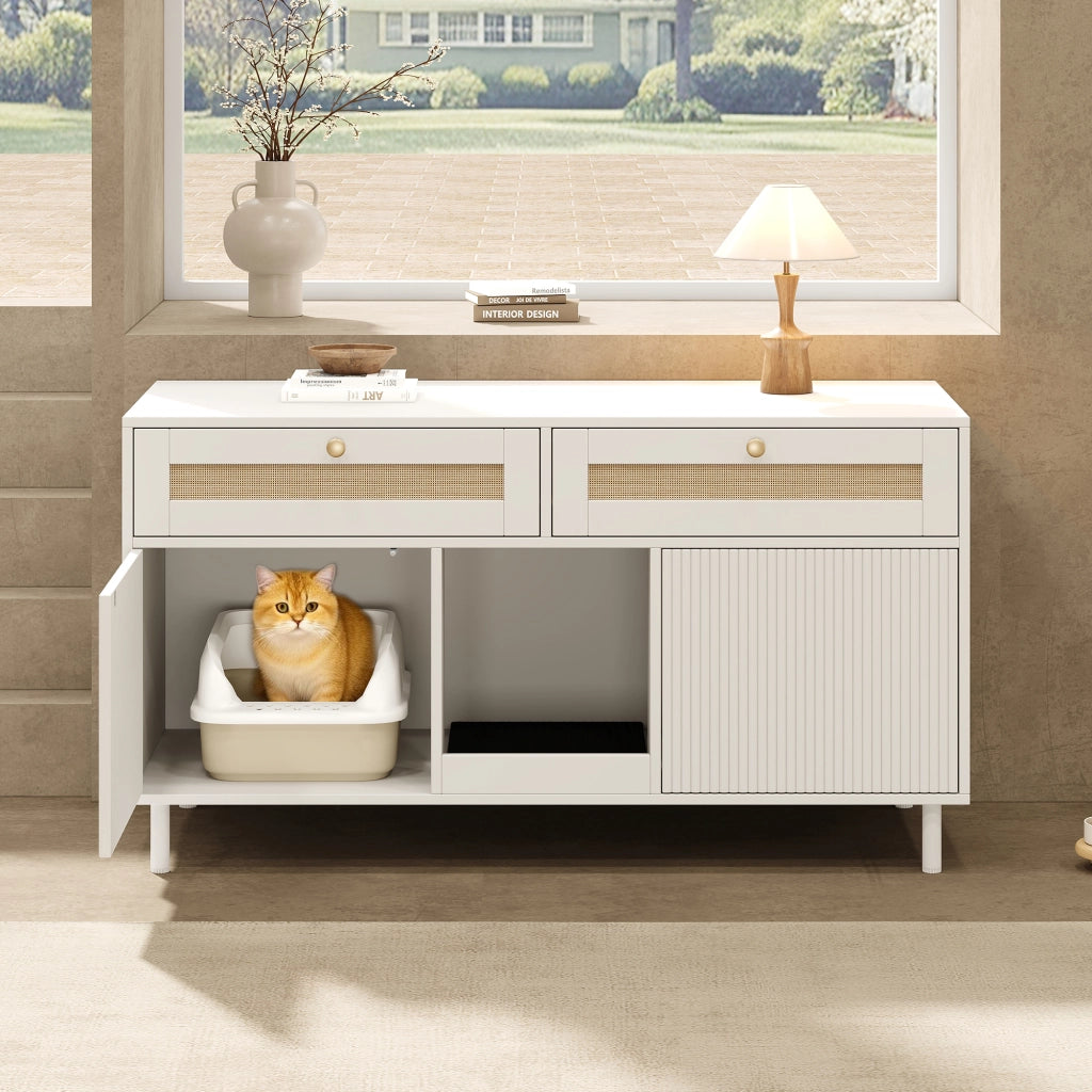 Mobile porta lettiera per gatti con doppia anta, cassetto, tappetino raccogli-sabbia, MDF bianco, 120x50x65 cm