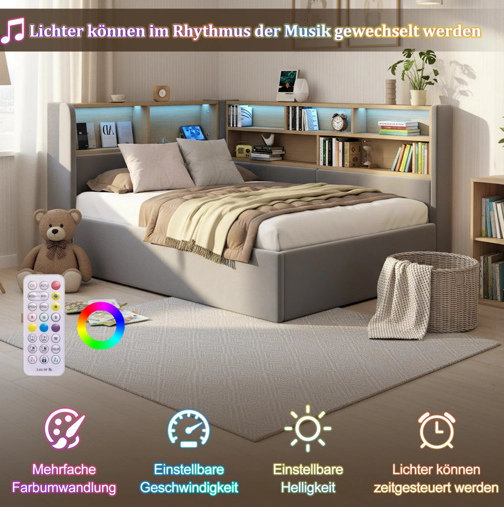 Letto imbottito 90x200 cm con contenitore idraulico; LED; USB e Type-C; velluto grigio