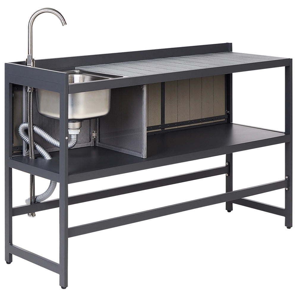 Set cucina da esterno 3 elementi in acciaio grigio 2 armadietti portaoggetti e lavello leva cucino da esterno