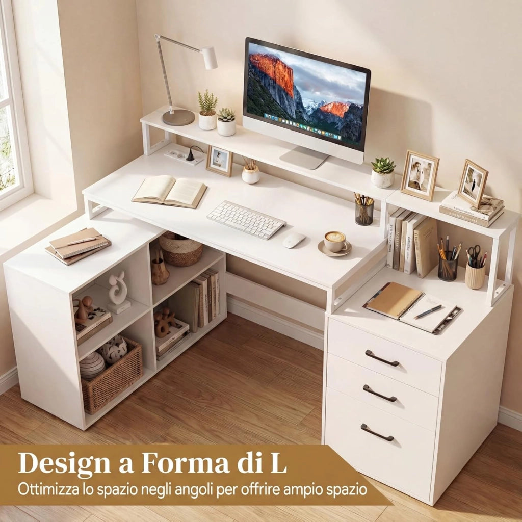 Scrivania Angolare con Prese di Alimentazione, Scrivania ad Angolo Salvasapazio con Cassetto, Supporti per Stampante e Monitor e Cubi, Scrittoio per Studio, Lavoro e Gaming