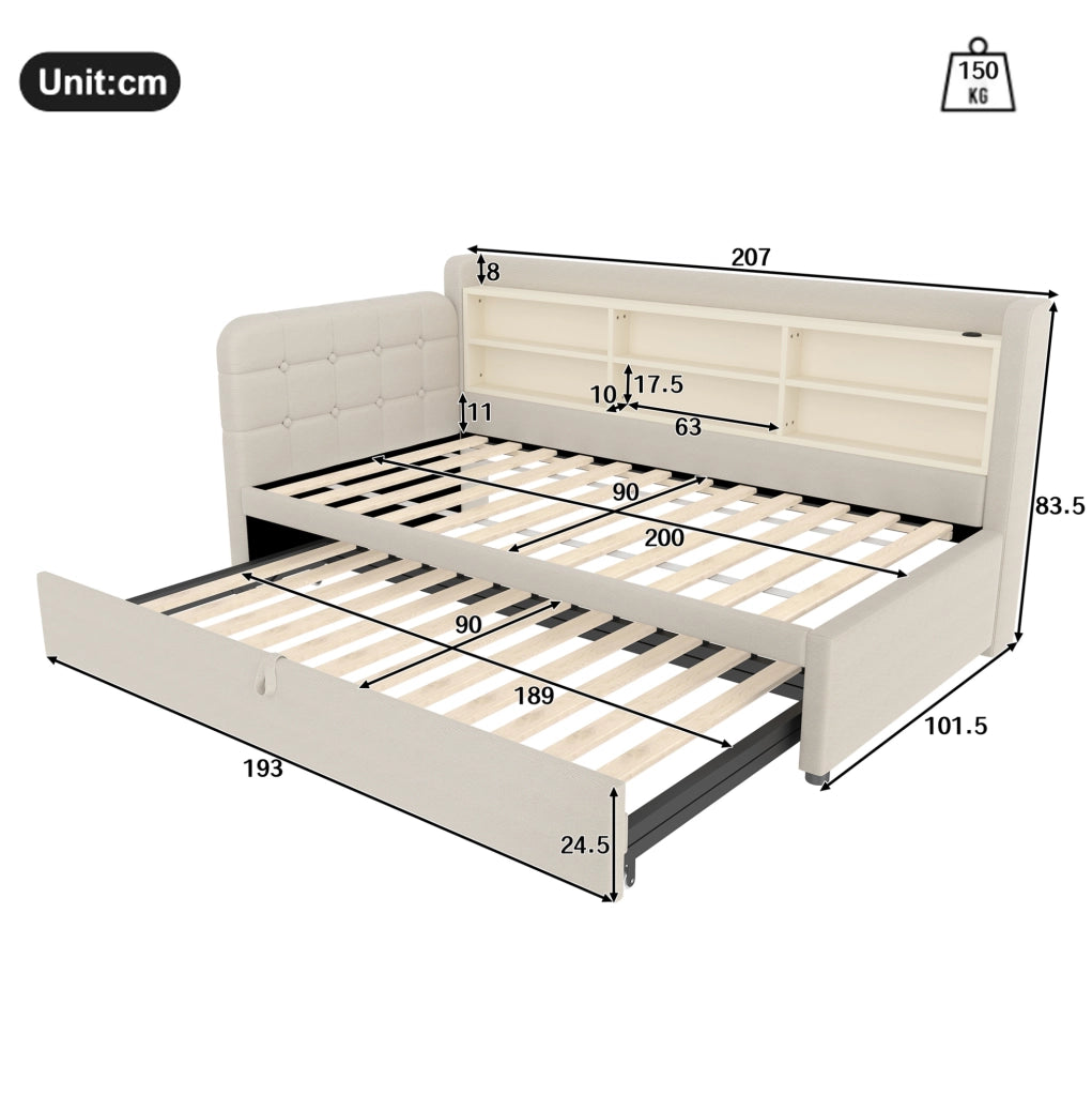 Divano letto estraibile 90x200 cm in lino beige con USB e Type-C