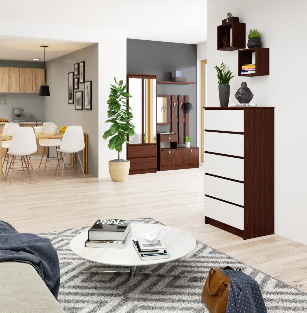 Cassettiera AKORD K60 Cassettiera Wengé 60 cm 5 cassetti inserto frontale Bianco 60x40x121 cm