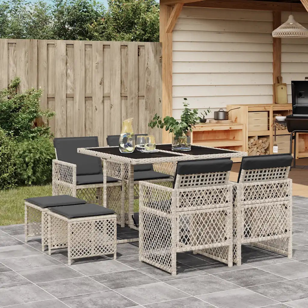 Set Pranzo da Giardino 9pz | Set Salotto da Giardino con Cuscini Grigio Chiaro Polyrattan